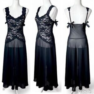 Vintage 90s Victoria’s Secret Sheer Black Lace Bow Nightgown Gown S Small